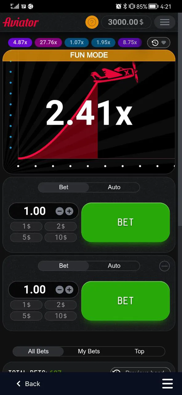 Progression of betting coefficients in Aviator.