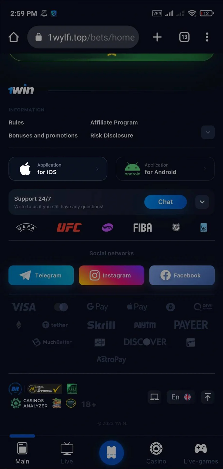 No site da 1win, localize a seção para fazer download do aplicativo para iOS.