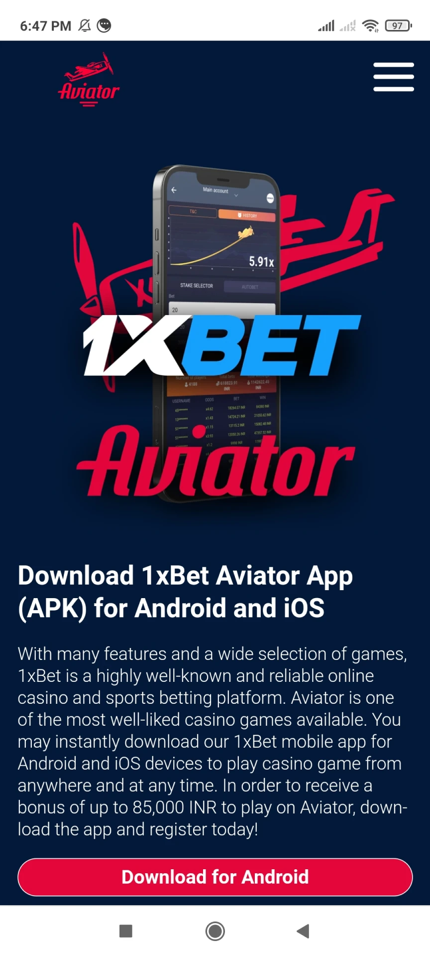 Segue o link para descarregar a aplicação 1xbet.