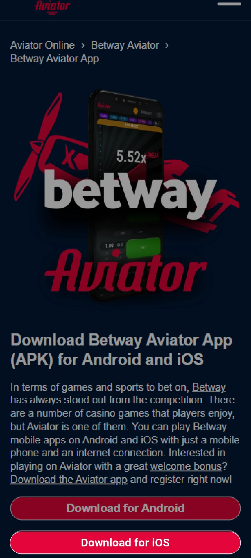 Jogue Aviator através da aplicação Betway no seu dispositivo iOS.