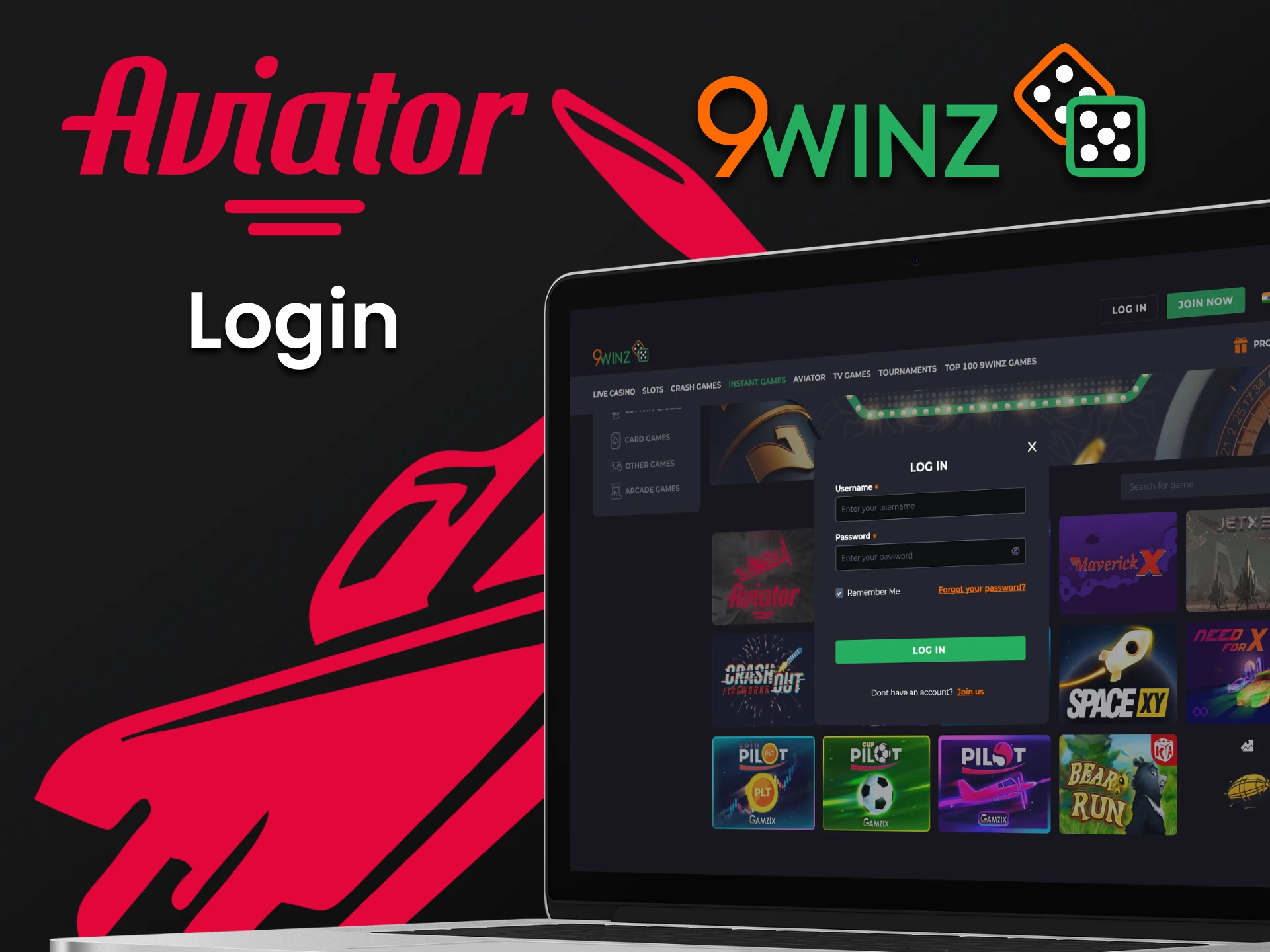 Faça login na sua conta 9winz para jogar Aviator.