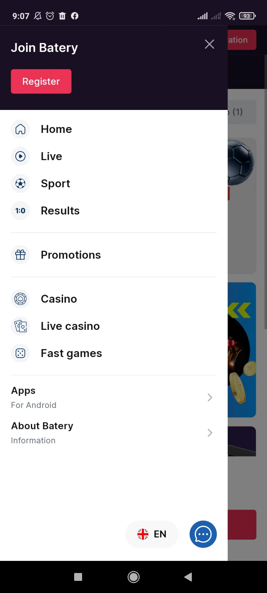 Screenshot of the Batery application menu.