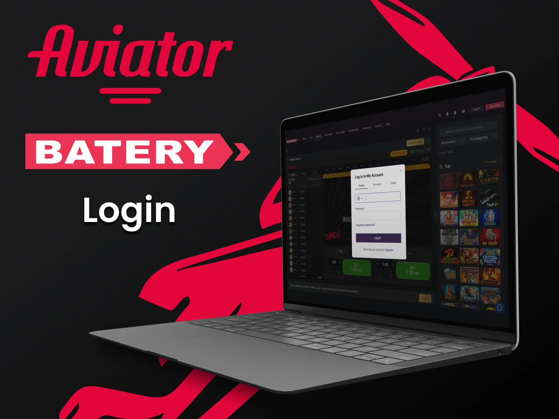 Faça login em sua conta do Batery para jogar Aviator.