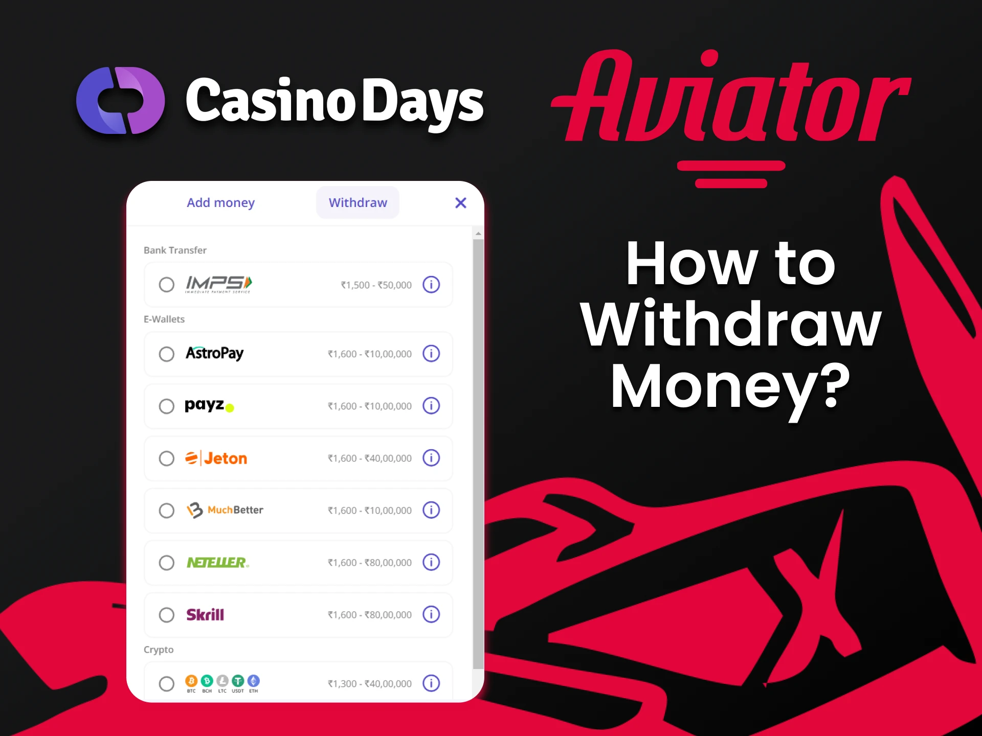 We will tell you how to withdraw funds for Aviator at Casino Days.
