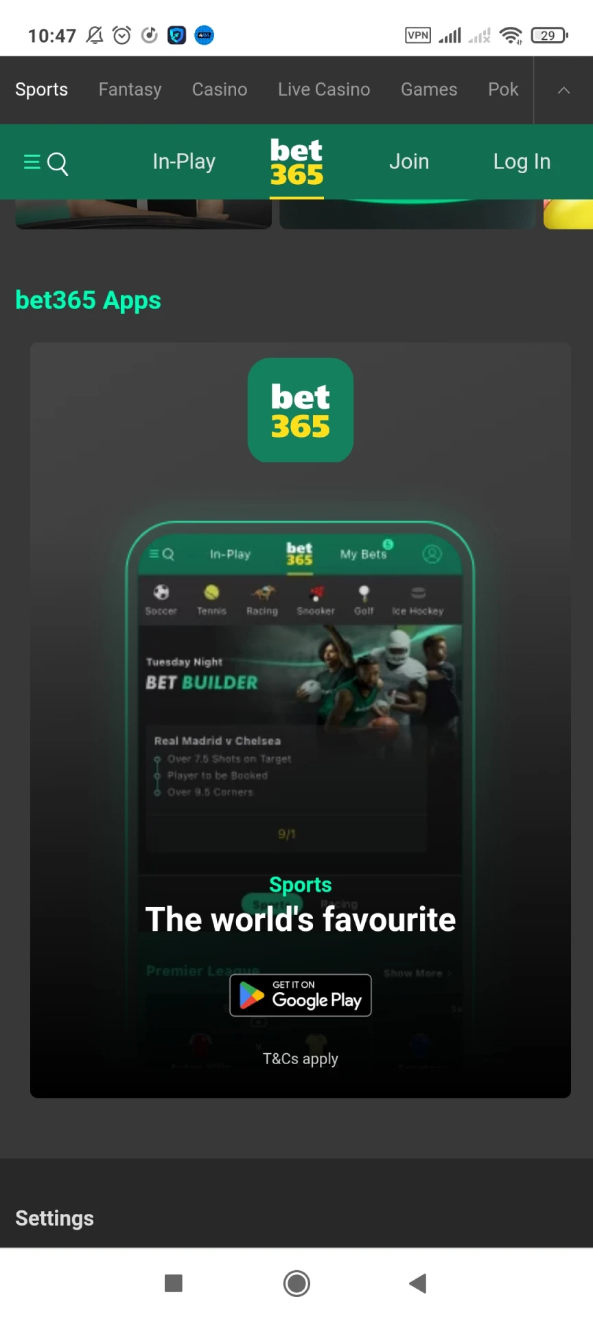 قم بتنزيل تطبيق Bet365 لنظام Android.