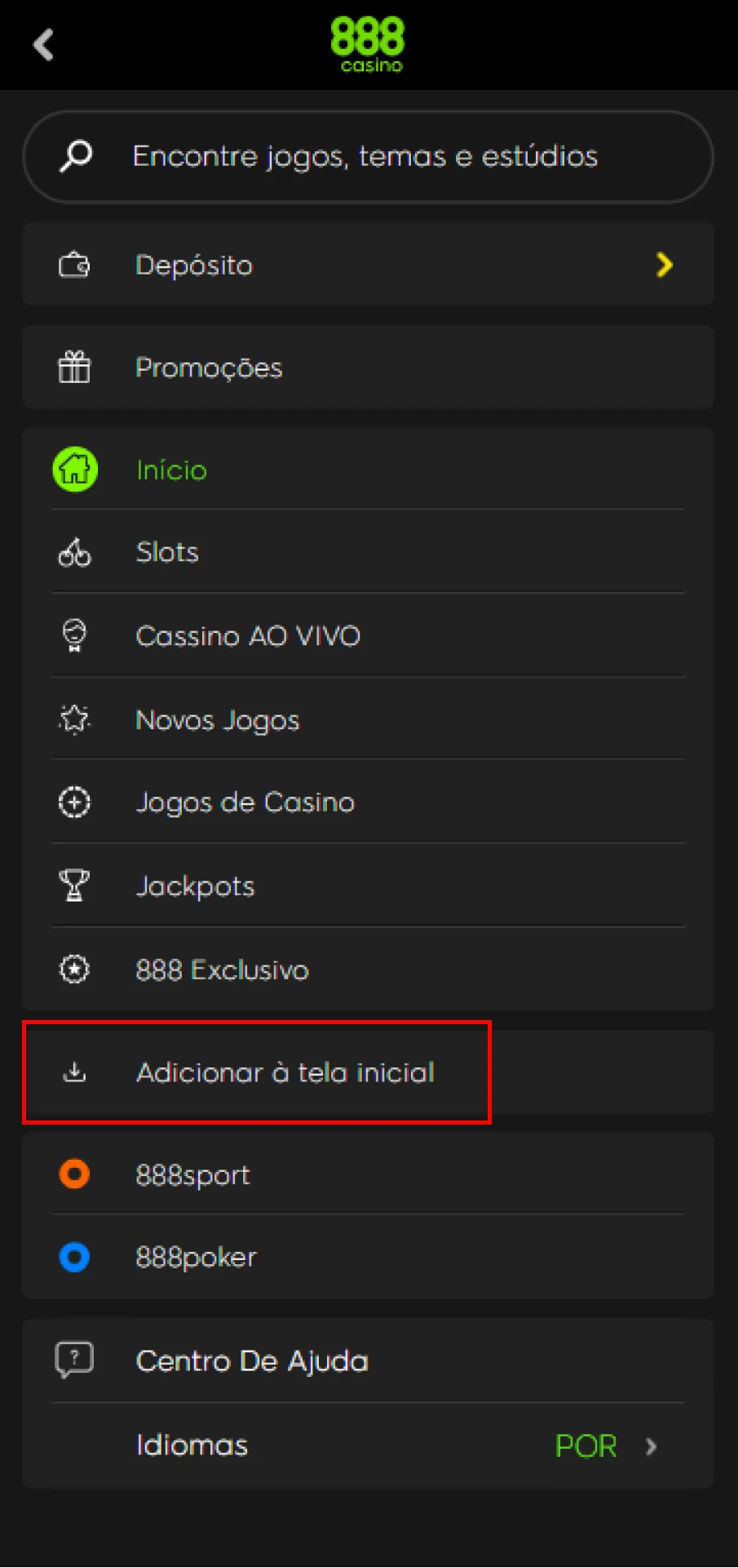 Clique na opção “Adicionar à tela inicial” para baixar o arquivo APK para o seu dispositivo.