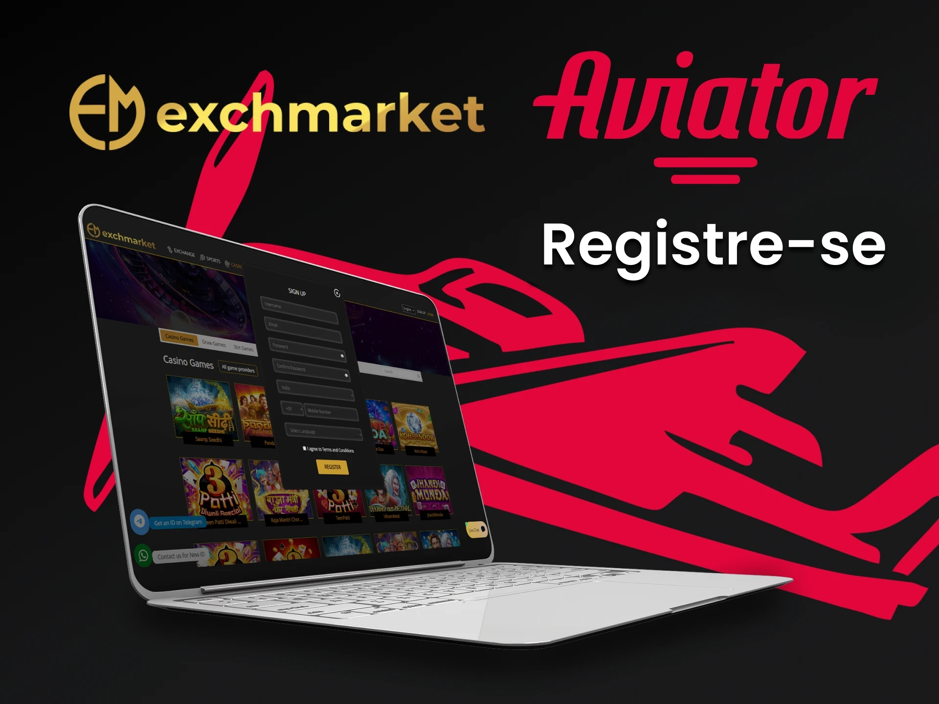 Crie uma conta no Exchmarket para o Aviator.