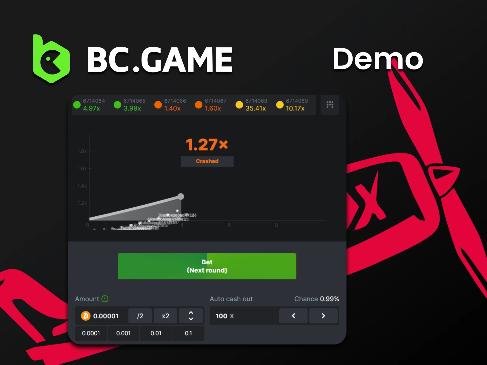 You can practice in the demo version of the BCGame game.